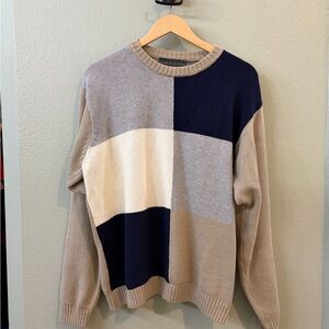 Oscar de la Renta Beige and Navy Crewneck Sweater
